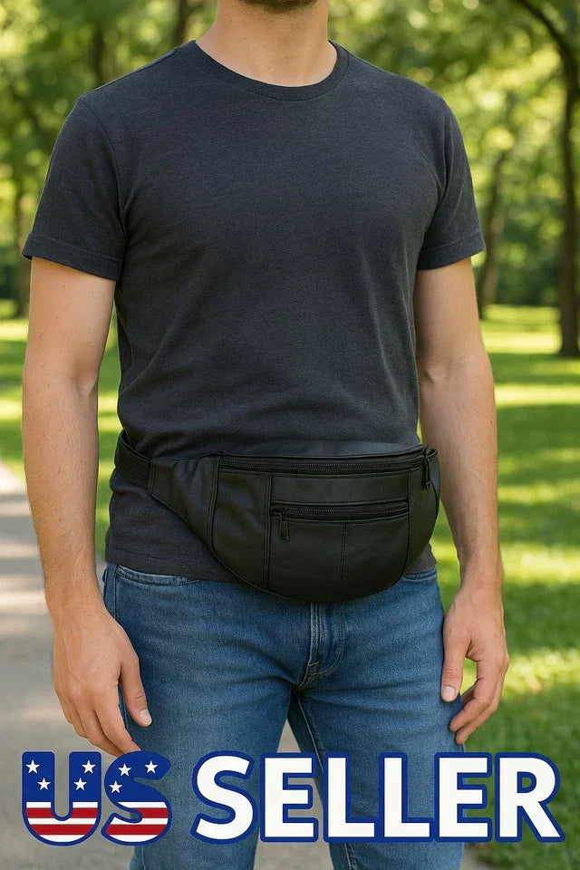 New Black Leather Waist Fanny Pack Travel Belt Bag Hip Travel Pouch 40" Waist